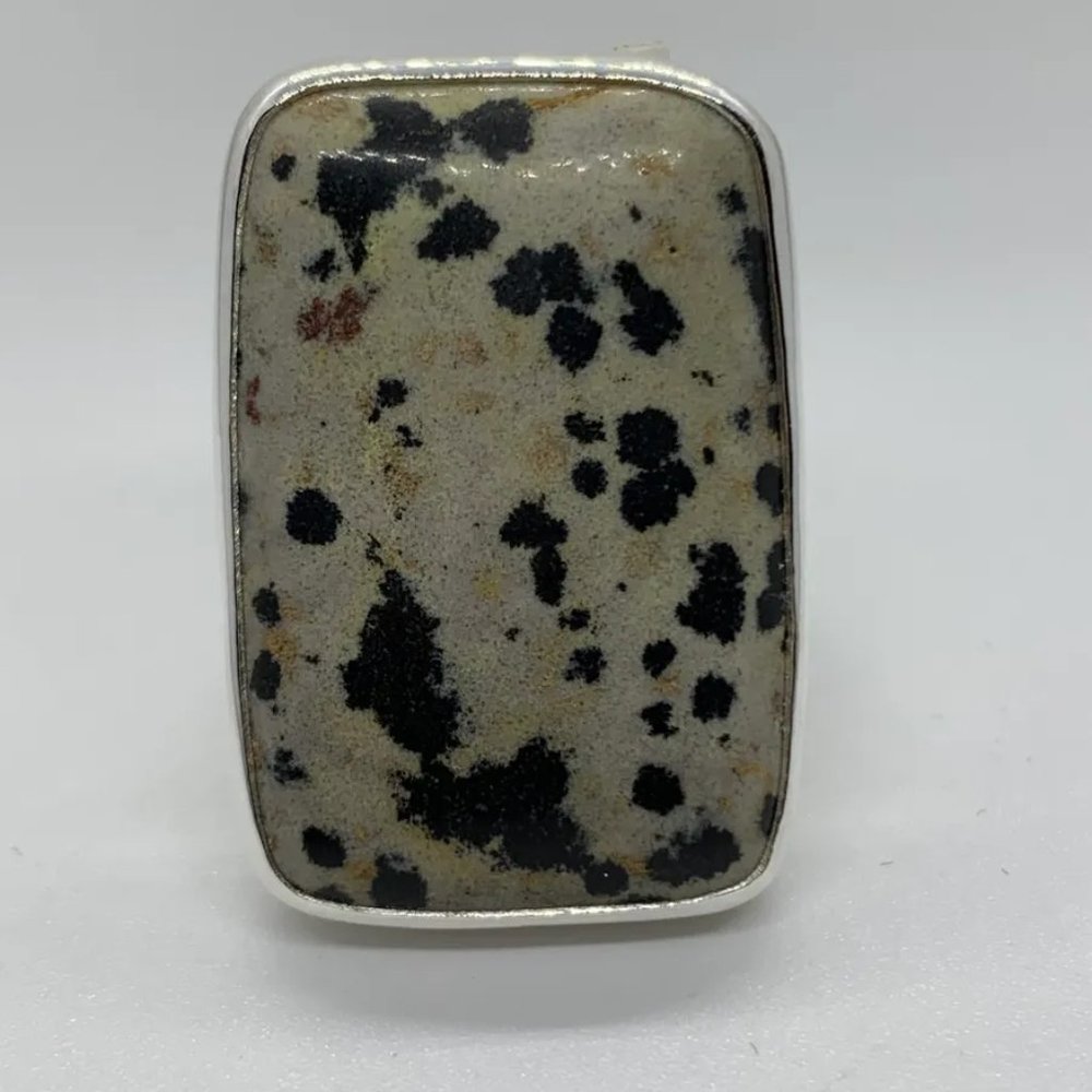 .925 Sterling Silver Dalmatian Jasper Adjustable Ring Square New